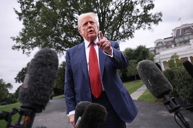 President Donald Trump speaks to the media as he departs the White House on August 01, 2025 in Washington, DC. Trump answered a range of questions from reporters before leaving and is scheduled to spend the weekend in Bedminster, New Jersey. (Photo by Win McNamee/Getty Images)