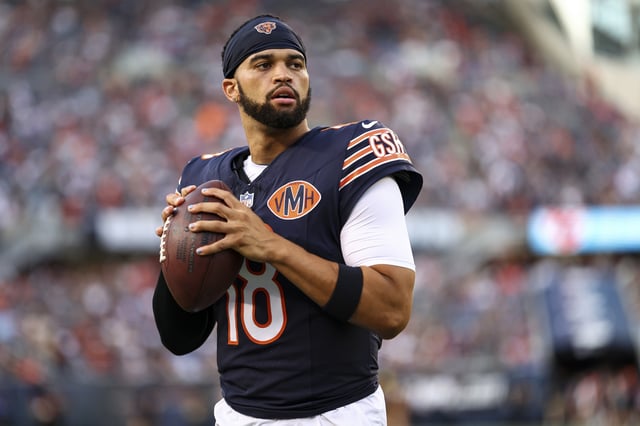 Caleb Williams #18 of the Chicago Bears warms up on the sidelines prior to an NFL Preseason 2025 game against the Buffalo Bills at Soldier Field on August 17, 2025 in Chicago, Illinois.