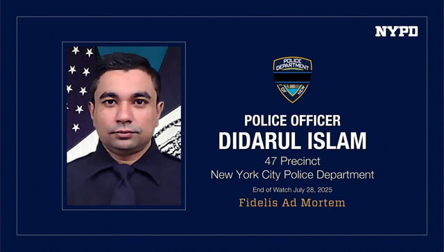 A post on X issued by the NYPD shows a photo of police officer Didarul Islam, who was killed in a reported shooter situation in the Manhattan borough of New York City in this picture obtained from social media released July 28, 2025.