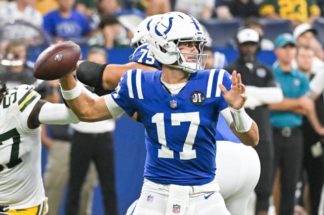 Aug 16, 2025; Indianapolis, Indiana, USA; Indianapolis Colts quarterback Daniel Jones (17) throws a pass during the first half against the Green Bay Packers at Lucas Oil Stadium. Mandatory Credit: Robert Goddin-Imagn Images/File Photo