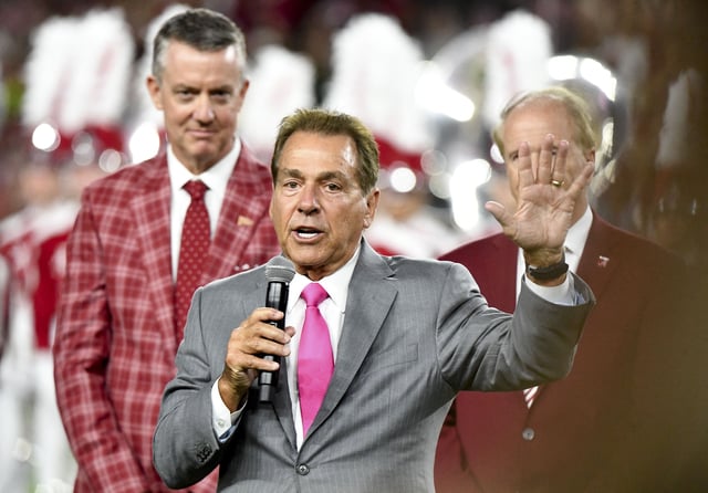 Sep 7, 2024; Tuscaloosa, Alabama, USA;  Nick Saban expresses his feelings about the honor during remarks made at halftime of the game with South Florida. Mandatory Credit: Gary Cosby Jr.-USA TODAY Network via Imagn Images/File Photo