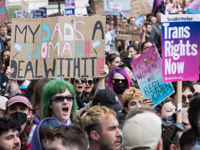 LONDON, UNITED KINGDOM APRIL 19, 2025: Transgender people and their supporters stage a protest in Parliament Square in support of trans rights following this week's UK Supreme Court unanimous ruling that the terms woman and sex in the Equality Act 2010 refer to a biological woman and biological sex, in London, United Kingdom on April 19, 2025. The demonstrators argue that this ruling could result in roll back of the rights and safety of trans people as public bodies and employers update their codes of practice. (Photo credit should read Wiktor Szymanowicz/Future Publishing via Getty Images)