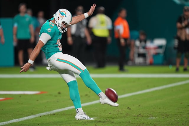 Miami Dolphins punter Jake Bailey (16) kicks the ball from deep in Dolphins territory in the fourth quarter against the Atlanta Falcons during a preseason game at Hard Rock Stadium. Friday, Aug. 9, 2024 (Jim Rassol/Contributor).