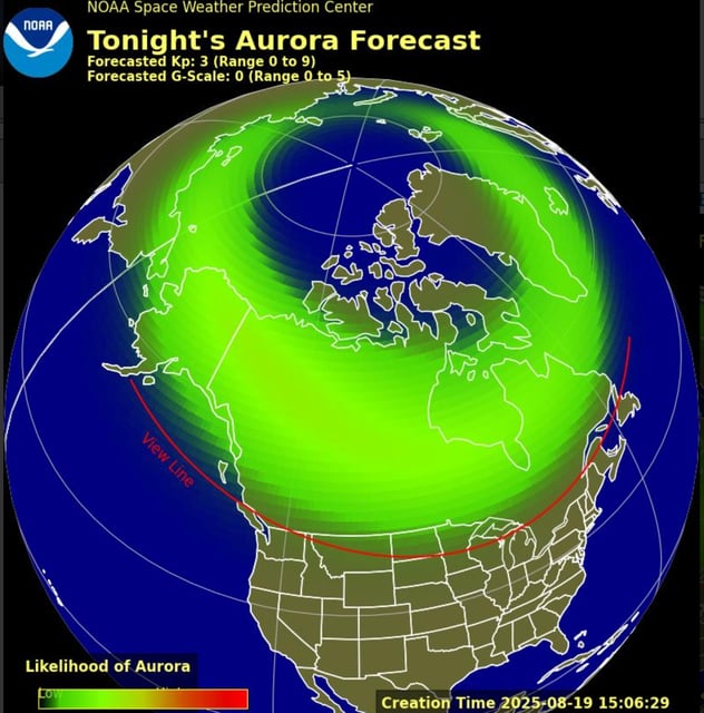 NOAA's Space Weather Prediction Center's view line shows at least nine states could see the aurora on Tuesday night, Aug. 19.