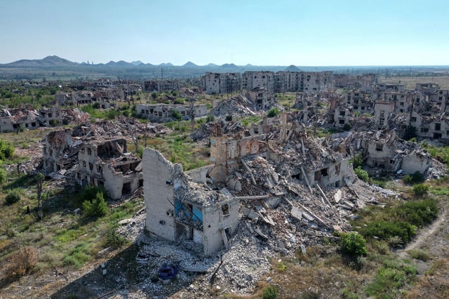 The abandoned town of Marinka, Ukraine, which was destroyed in the course of Russia-Ukraine conflict, is seen on August 7.