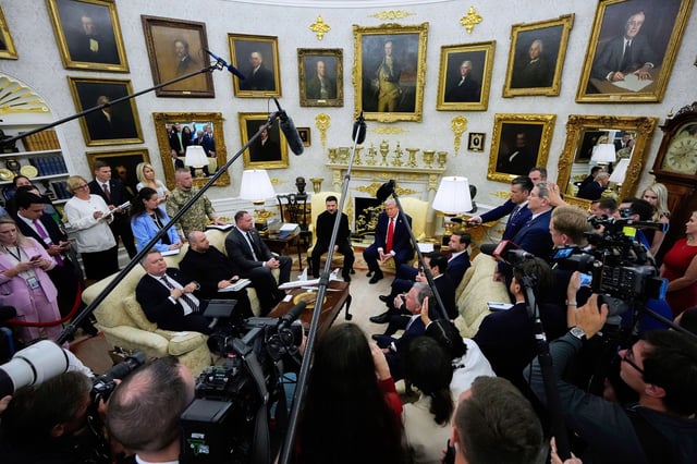 President Donald Trump speaks with Ukraine's President Volodymyr Zelenskyy in the Oval Office of the White House on Monday.