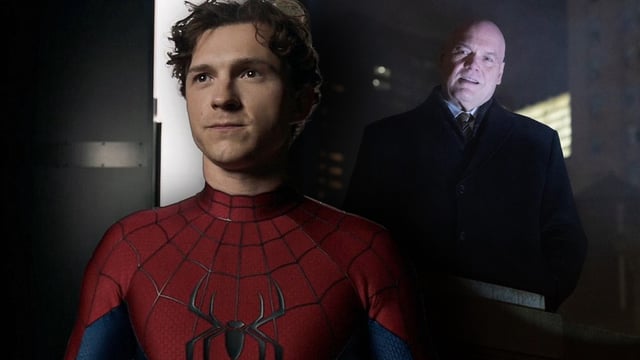 Tom Holland on the set of Spider-Man: Brand New Day and Kingpin in Daredevil: Born Again