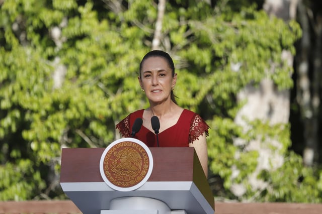 Mexican President Claudia Sheinbaum talks to reporters during a joint press conference, in Calakmul, Campeche state, Mexico, Friday, Aug. 15, 2025.