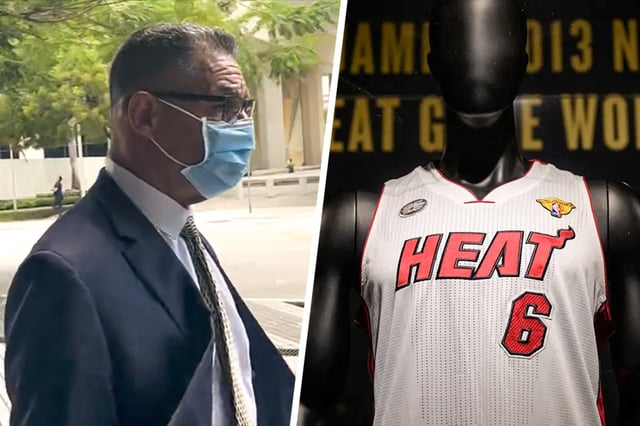 Marcos Thomas Perez leaves federal court on Aug. 19, 2025; LeBron James game-worn jersey  in 2013, on display at Sotheby's auction House in 2023, in New York.