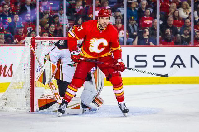 Apr 2, 2023; Calgary, Alberta, CAN; Calgary Flames left wing Milan Lucic (17) screens in front of Anaheim Ducks goaltender Lukas Dostal (1) during the second period at Scotiabank Saddledome. Mandatory Credit: Sergei Belski-USA TODAY Sports/File Photo