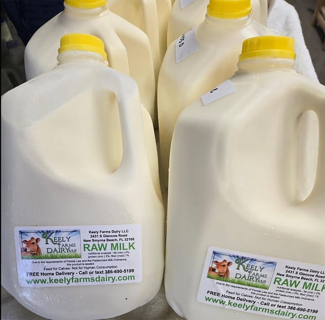 Keely Farms Dairy Raw Milk showing labeling that states: &#39;Feed for Calves - Not for Human Consumption&#39;