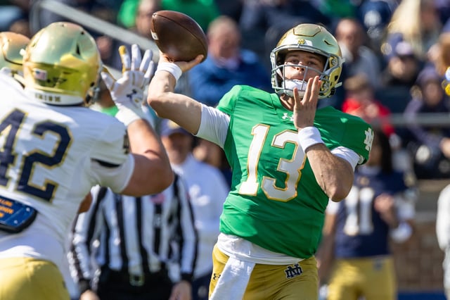 Apr 12, 2025; Notre Dame, IN, USA; Notre Dame Fighting Irish quarterback CJ Carr (13) throws a pass during the Blue-Gold game at Notre Dame Stadium. Mandatory Credit: Michael Caterina-Imagn Images/ File Photo