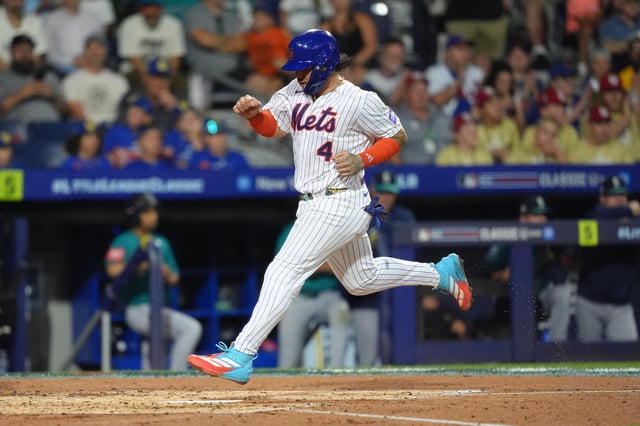 Aug 17, 2025; Williamsport, Pennsylvania, USA; New York Mets catcher Francisco Alvarez (4) advances home to score against the Seattle Mariners in the second inning at Journey Bank Ballpark at Historic Bowman Field. Mandatory Credit: Kyle Ross-Imagn Images
