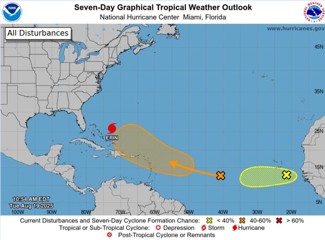 A map from the NHC shows two new disturbances behind Hurricane Erin.