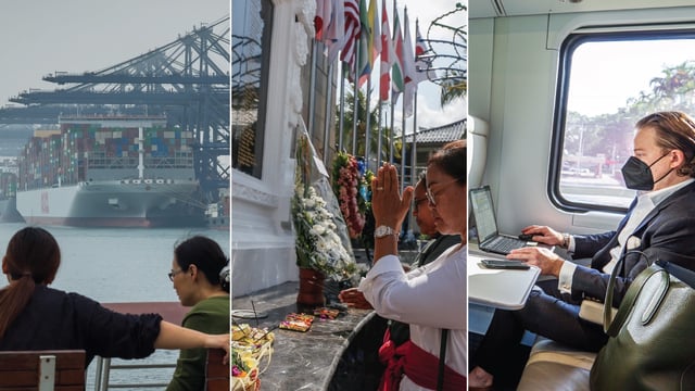 From left: A container ship docks in Shenzhen, China, on April 11, 2025 (Cheng Xin/Getty Images); relatives of victims of the 2002 Bali bombings pray in front a memorial on on Oct. 12, 2024, the 22nd anniversary of the attacks (Johanes P. Christo/NurPhoto via Getty Images); a passenger uses a laptop on an intercity train in Miami, Florida (Jeffrey Greenberg/UCG/Universal Images Group via Getty Images)