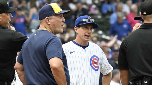 Aug 18, 2025; Chicago, Illinois, USA; Milwaukee Brewers manager Pat Murphy (49), left, and Chicago Cubs manager Craig Counsell (11) before the game at Wrigley Field. Mandatory Credit: Matt Marton-Imagn Images