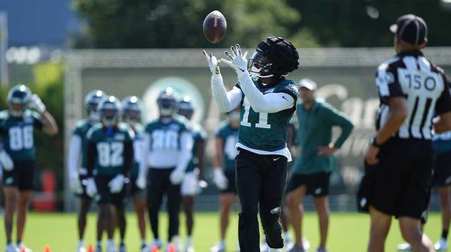 Jul 24, 2025; Philadelphia, PA, USA; Philadelphia Eagles wide receiver A.J. Brown (11) runs a practice drill during training camp at NovaCare Complex. Mandatory Credit: Kyle Ross-Imagn Images