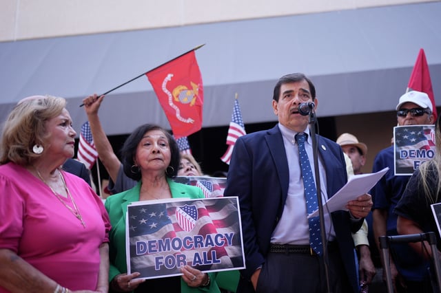 LULAC National President Roman Palomares, right, at a news conference on Monday, Aug. 26, 2024, in San Antonio.