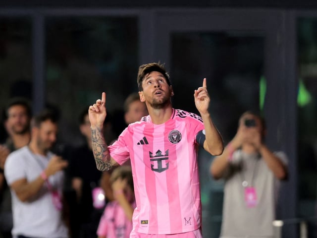 Aug 16, 2025; Fort Lauderdale, Florida, USA; Inter Miami CF forward Lionel Messi (10) celebrates after scoring against Los Angeles Galaxy during the second half at Chase Stadium. Mandatory Credit: Sam Navarro-Imagn Images