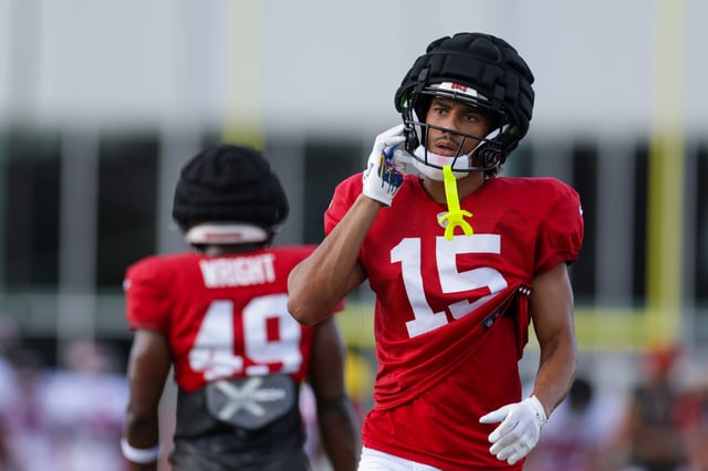 Jul 31, 2025; Tampa, FL, USA; Tampa Bay Buccaneers wide receiver Jalen McMillan (15) participates in training camp at AdventHealth Training Center. Mandatory Credit: Nathan Ray Seebeck-Imagn Images/ File Photo