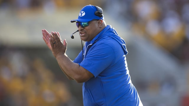 Nov 23, 2024; Tempe, Arizona, USA; Brigham Young Cougars head coach Kalani Sitake against the Arizona State Sun Devils at Mountain America Stadium. Mandatory Credit: Mark J. Rebilas-Imagn Images
