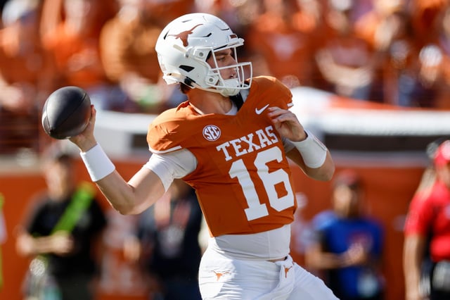 Arch Manning #16 of the Texas Longhorns throws a pass in the third quarter against the Florida Gators at Darrell K Royal-Texas Memorial Stadium on November 09, 2024 in Austin, Texas.