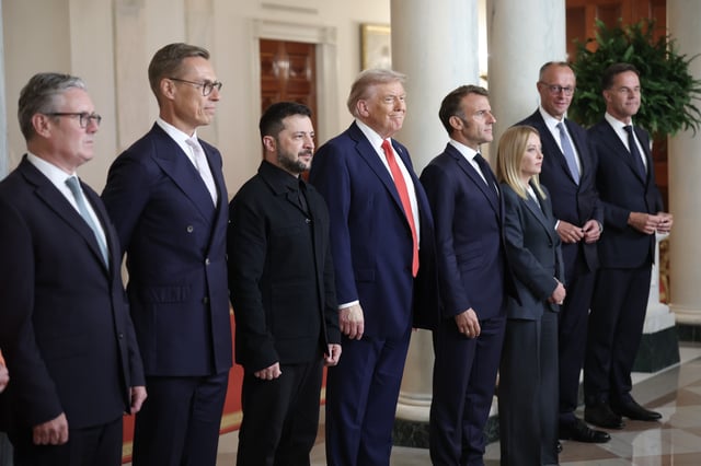 President Trump, centre, with President Zelensky to his left and other world leaders following a meeting at the White House to discuss the war