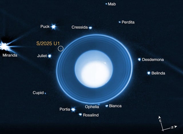 The moon, designated S/2025 U1, as well as 13 of the 28 other known moons orbiting the Uranus.