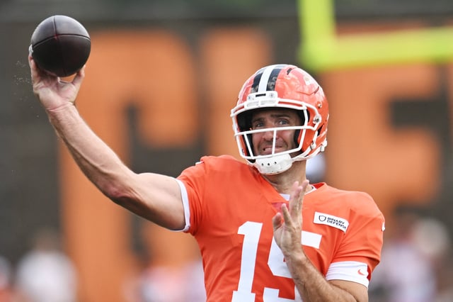 Jul 28, 2025; Berea, OH, USA; Cleveland Browns quarterback Joe Flacco (15) throws a pass during training camp at CrossCountry Mortgage Campus. Mandatory Credit: Ken Blaze-Imagn Images/ File Photo