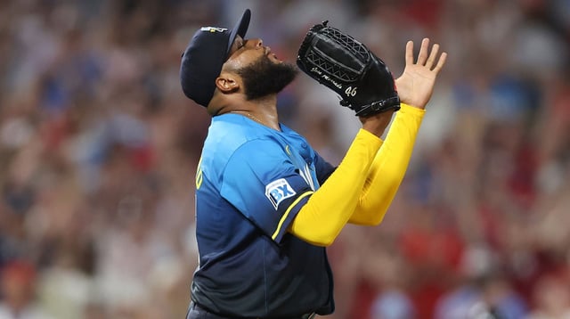 May 2, 2025; Philadelphia, Pennsylvania, USA; Philadelphia Phillies pitcher Jose Alvarado (46) reacts to a victory against the Arizona Diamondbacks at Citizens Bank Park. Mandatory Credit: Bill Streicher-Imagn Images