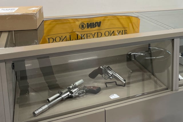 Firearms are on display at a gun shop near Albuquerque, New Mexico, on September 11, 2023.
