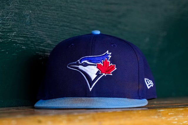 DETROIT, MICHIGAN - JULY 24: A detail of the Toronto Blue Jays logo on a hat during the game against the Detroit Tigers at Comerica Park on July 24, 2025 in Detroit, Michigan. (Photo by Nic Antaya/Getty Images)