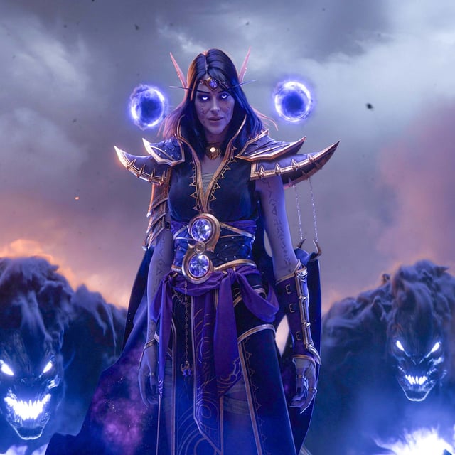 A woman standing in the center with two spherical magic balls floating on either side. Large foggy enemies smile menacingly behind her. 