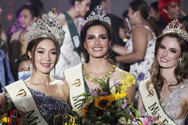Miss Earth 2012 Mina Sue Choi of South Korea, Miss Earth-Water Nadeen Ayoub of Palestine and Miss Earth-Air Sheridan Mortlock of Australia at the Miss Earth coronation night in Manila, Philippines in 2022.