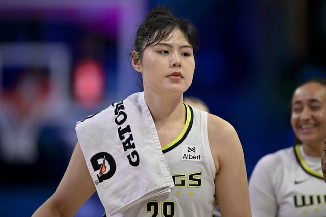 Aug 8, 2025; Arlington, Texas, USA; Dallas Wings center Li Yueru (28) during the game between the Dallas Wings and the New York Liberty at College Park Center. Mandatory Credit: Jerome Miron-Imagn Images/ File Photo