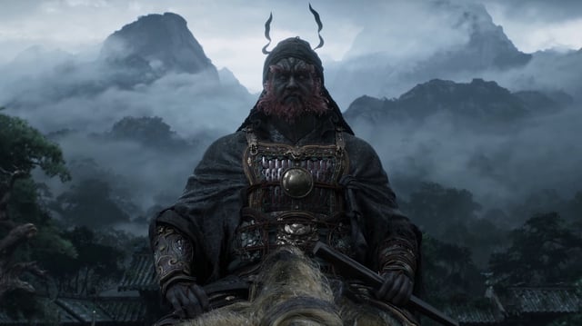 Chinese deity Zhong Kui riding atop a tiger, foggy mountains in the background, in a teaser trailer for Black Myth: Zhong Kui.