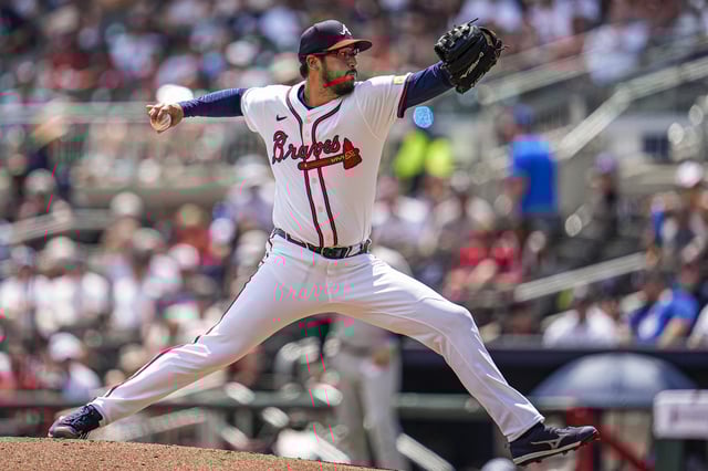 Jul 20, 2025; Cumberland, Georgia, USA; Atlanta Braves relief pitcher Dane Dunning (34) pitches against the New York Yankees during the seventh inning at Truist Park. Mandatory Credit: Dale Zanine-Imagn Images/ File Photo