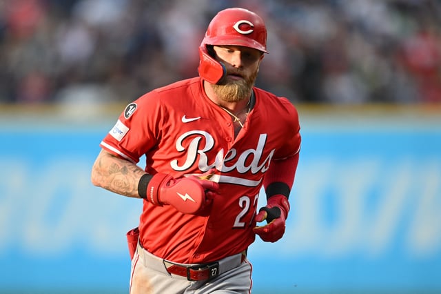 Jun 9, 2025; Cleveland, Ohio, USA; Cincinnati Reds right fielder Jake Fraley (27) rounds the bases after hitting a home run during the fourth inning against the Cleveland Guardians at Progressive Field. Mandatory Credit: Ken Blaze-Imagn Images/ File Photo