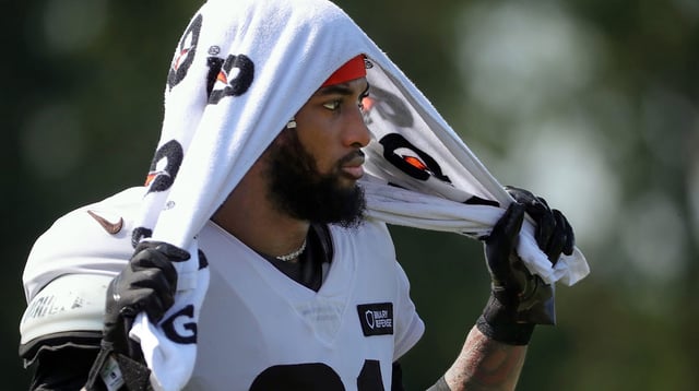 Cleveland Browns cornerback Denzel Ward (21) watches practice from the sideline during NFL training camp at CrossCountry Mortgage Campus, Wednesday, July 30, 2025, in Berea, Ohio. © Jeff Lange / USA TODAY NETWORK via Imagn Images