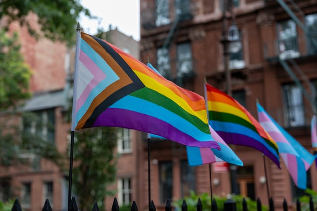 LGBTQ+ pride flags are displayed in New York City on Septemmber 22, 2023.