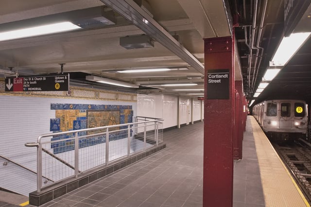 A train pulls into the Cortlandt Street station in Lower Manhattan.