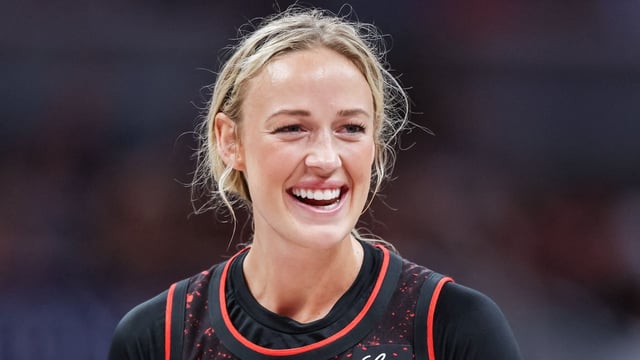 Sophie Cunningham of the Indiana Fever reacts during the first half against the Chicago Sky at Gainbridge Fieldhouse on August 9, 2025 in Indianapolis.