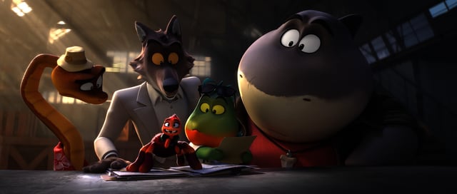 (from left) Snake (Marc Maron), Wolf (Sam Rockwell), Tarantula (Awkwafina), Piranha (Anthony Ramos) and Shark (Craig Robinson) in DreamWorks Animation’s The Bad Guys 2, directed by Pierre Perifel.