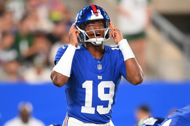 Aug 16, 2025; East Rutherford, New Jersey, USA; New York Giants quarterback Jameis Winston (19) calls a play at the line against the New York Jets during the second half at MetLife Stadium. Mandatory Credit: Rich Barnes-Imagn Images/ File Photo