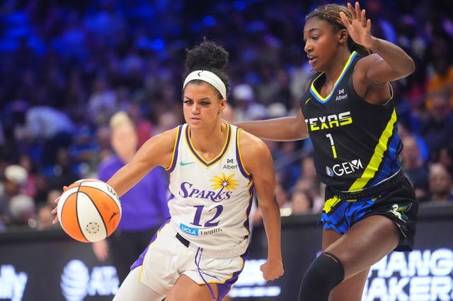 The Sparks’ Rae Burrell drives against Dallas’ Diamond Miller during the first half Friday, Aug. 15, 2025, in Arlington, Texas. (AP Photo/LM Otero)