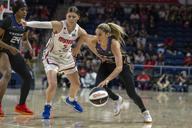 Jacy Sheldon #4 of the Connecticut Sun handles the ball during a game against the Washington Mystics at Carefirst Arena on June 8, 2025 in Washington, DC.