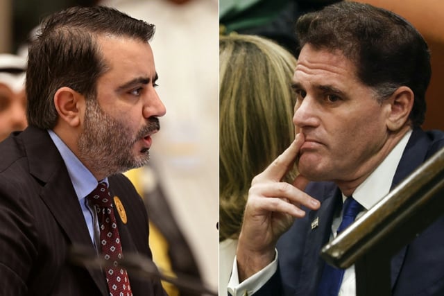 Syrian Foreign Minister Asaad al-Shibani (L) attended a diplomatic meeting in Paris with  Israel's Strategic Affairs Minister Ron Dermer to discuss de-escalation of violence in Syria