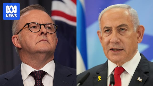 Anthony Albanese with his chin up and Benjamin Netanyahu with his mouth slightly open. Flags behind each