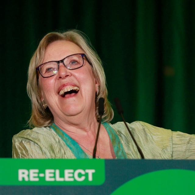 Green Party co-Leader Elizabeth May thanks all who supported her and her campaign after being re-elected while at the Church and State Winery in Brentwood Bay, B.C., Monday, April 28, 2025. THE CANADIAN PRESS/Chad Hipolito