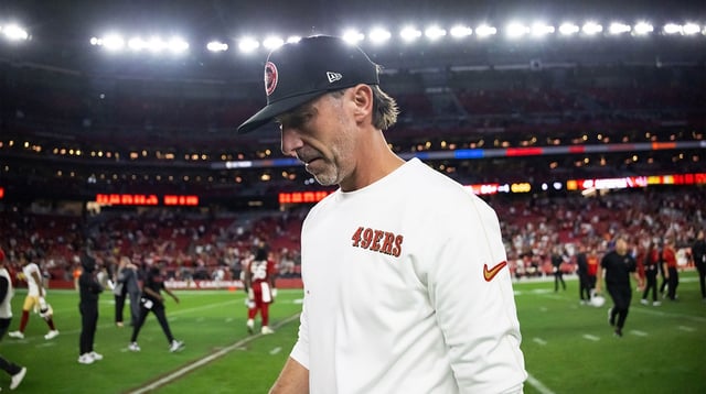 Jan 5, 2025; Glendale, Arizona, USA; San Francisco 49ers head coach Kyle Shanahan reacts after losing to the Arizona Cardinals at State Farm Stadium. Mandatory Credit: Mark J. Rebilas-Imagn Images